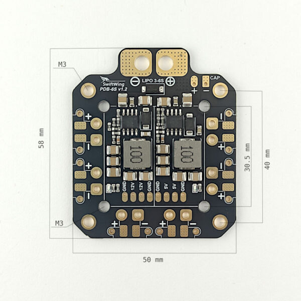 Top view of SwiftWing PDB-6S 120A drone power distribution board